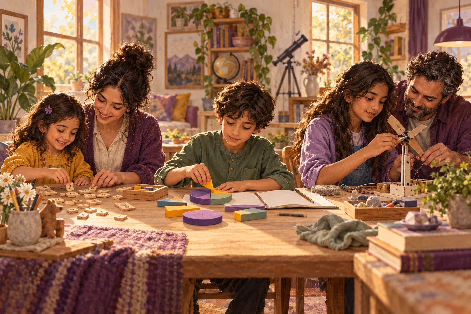 Children at different ages practice letters, explore fractions, and build a science project with their parents