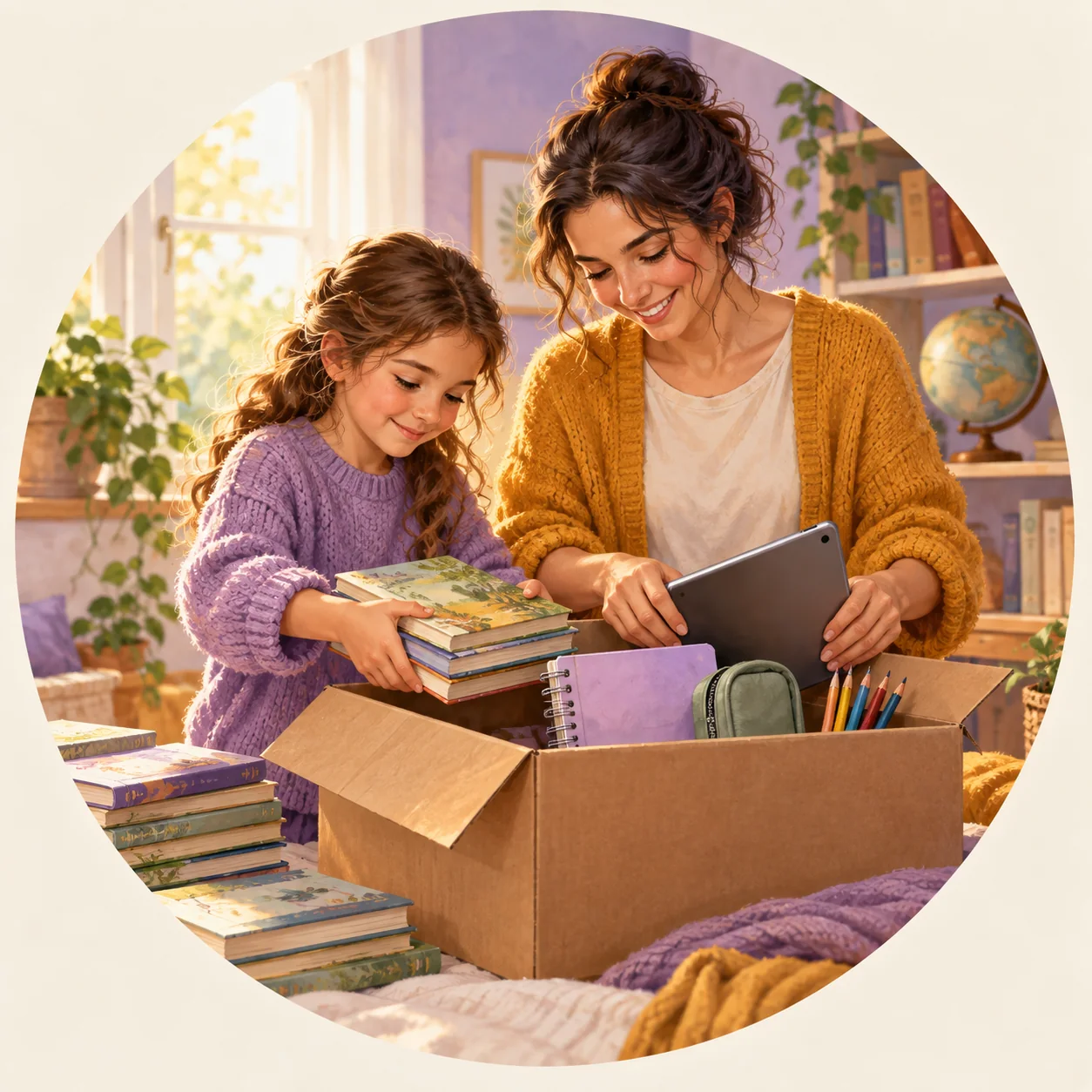 Illustration of a parent and child placing reusable books, a notebook, pencils, and a tablet into a donation box