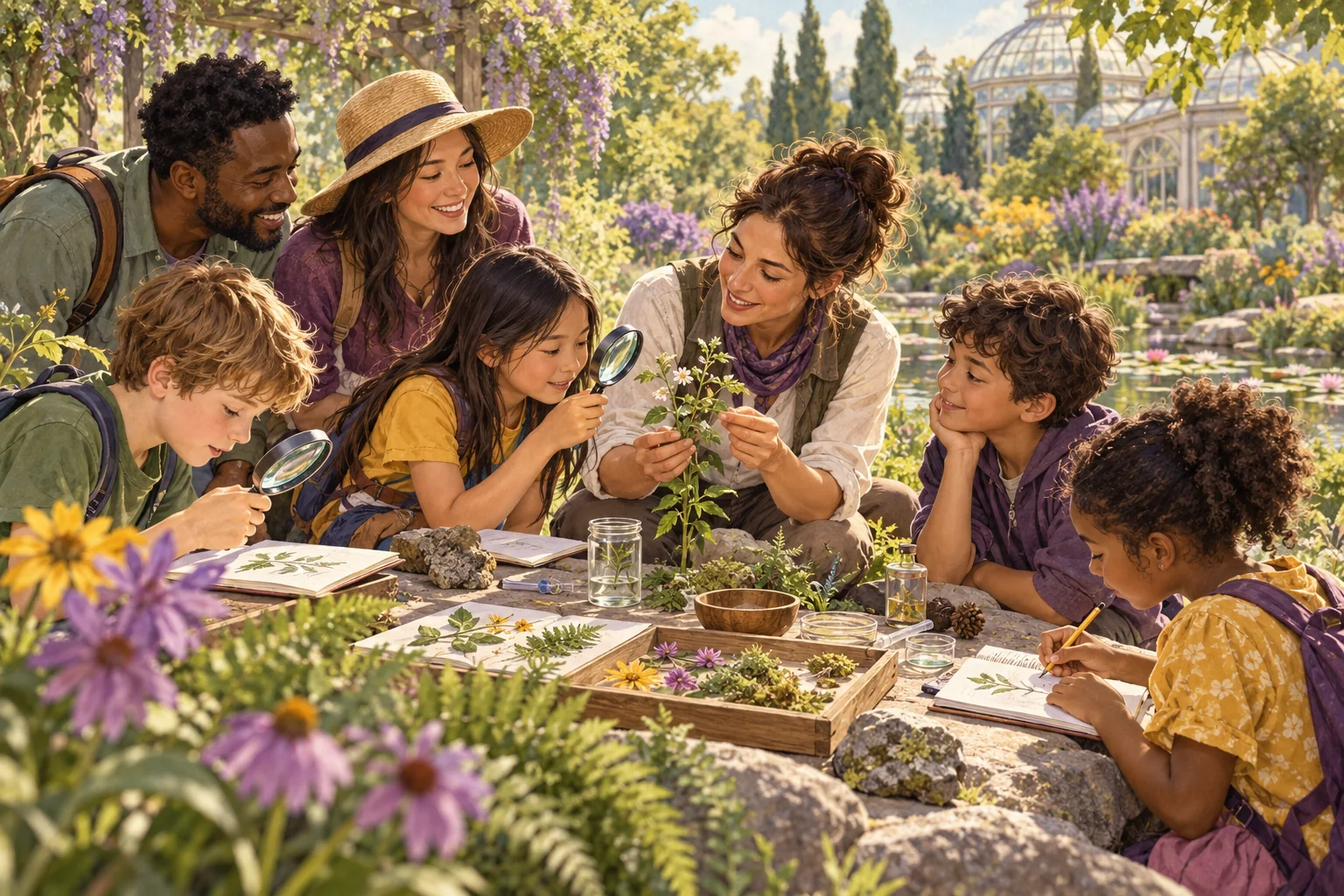 Parents, children, and an educator learn about plants together during an outdoor workshop