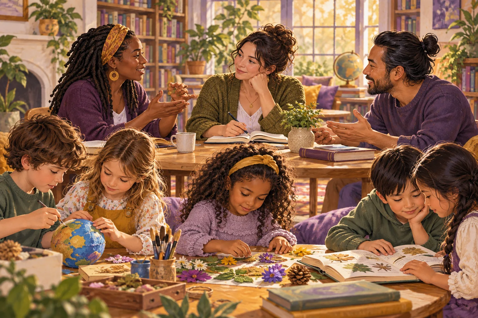 Parents exchange ideas while children make and read together in a shared learning space