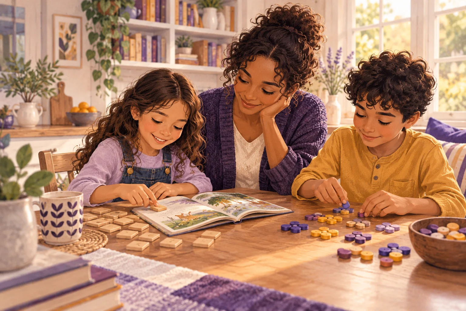A parent and two children explore books, letters, and hands-on learning together at home